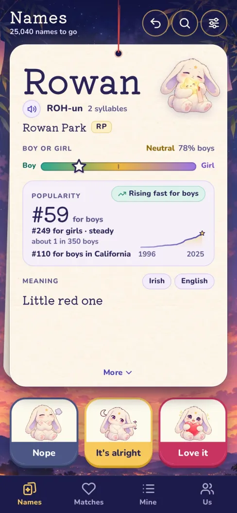 Namae's card for the name Rowan: a neutral name, 78% boys, ranked 59th for boys and rising fast, meaning “little red one”. Under it are three buttons: Nope, It's alright and Love it.