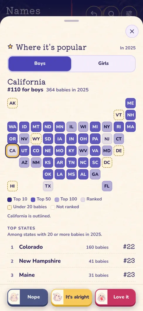 Namae's detail sheet for Rowan, at “Where it's popular”: the United States drawn as a grid of state tiles, each shaded by how the name ranks for boys there, with California outlined.